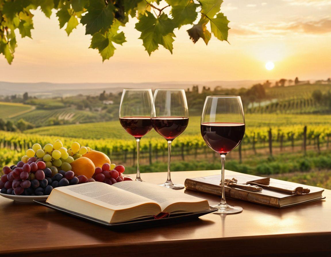 A beautifully set dining table adorned with a bottle of red wine and elegant wine glasses, with a background of lush vineyards under a golden sunset. Scattered around are notebooks and pens, symbolizing content creation, alongside a plate of gourmet cheese and fruits for food pairing. The atmosphere should evoke sophistication and creativity, inviting readers to explore the art of pairing words with wine. photorealistic. warm color tones. elegant composition.