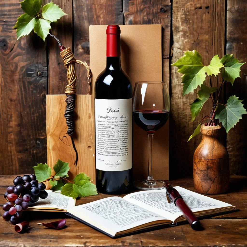 A visually stunning wine bottle being uncorked, with vibrant splashes of wine weaving into artistic shapes and stories in the air, surrounded by rustic wooden elements and grapevines. Include a vintage notebook and a quill pen on a table, symbolizing storytelling. The scene should emanate warmth and creativity, inviting wine enthusiasts to dive into their own stories. super-realistic. vibrant colors. 3D.