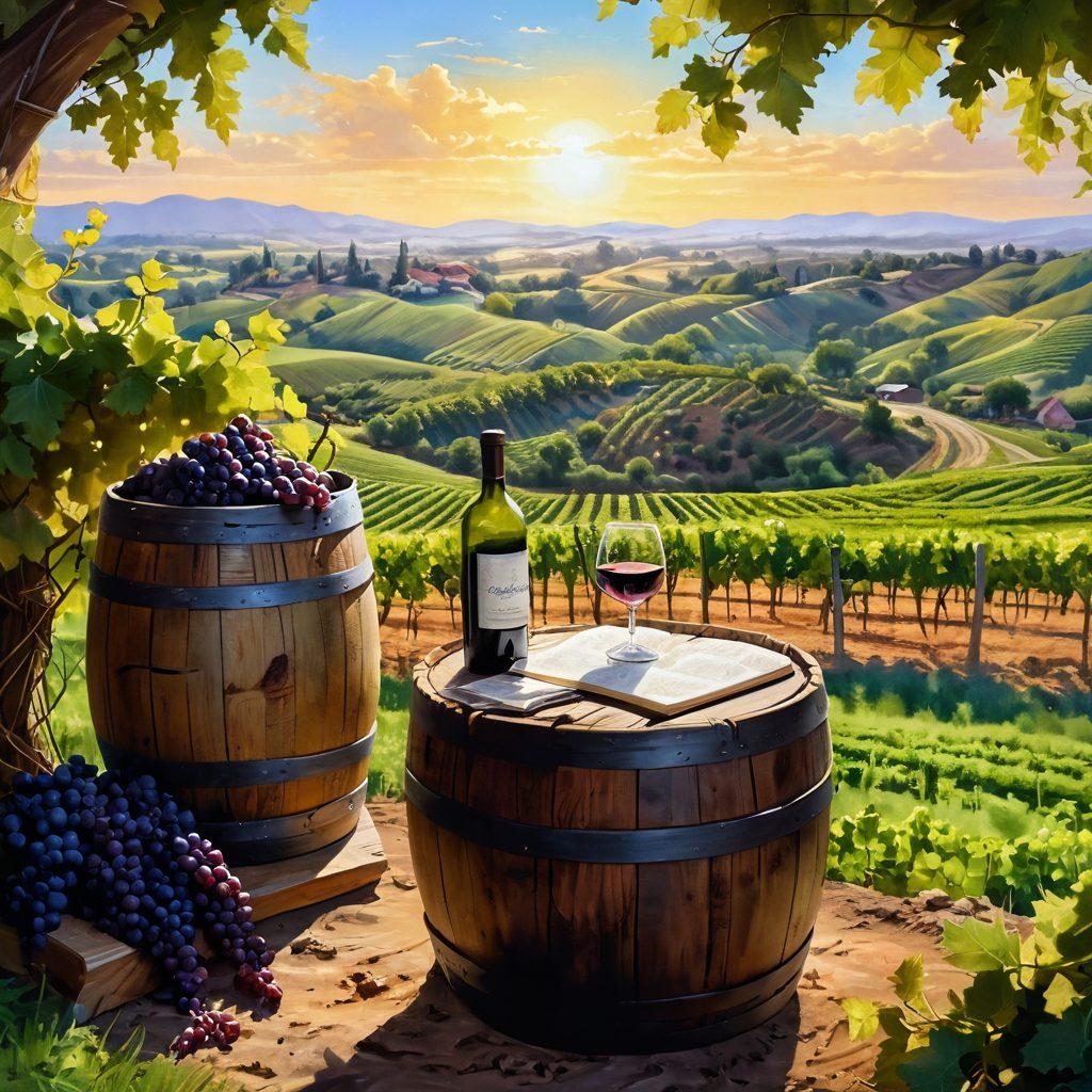 A whimsical vineyard landscape featuring lush grapevines stretching across rolling hills, with a storyteller sitting on a rustic barrel, pen in hand, jotting down notes. The scene captures the essence of storytelling intertwined with winemaking, highlighted by soft sunlight filtering through the vines. Include a vintage wine bottle and glass set on a nearby table, surrounded by a scattering of grape bunches. vibrant colors. dreamy atmosphere. painting.